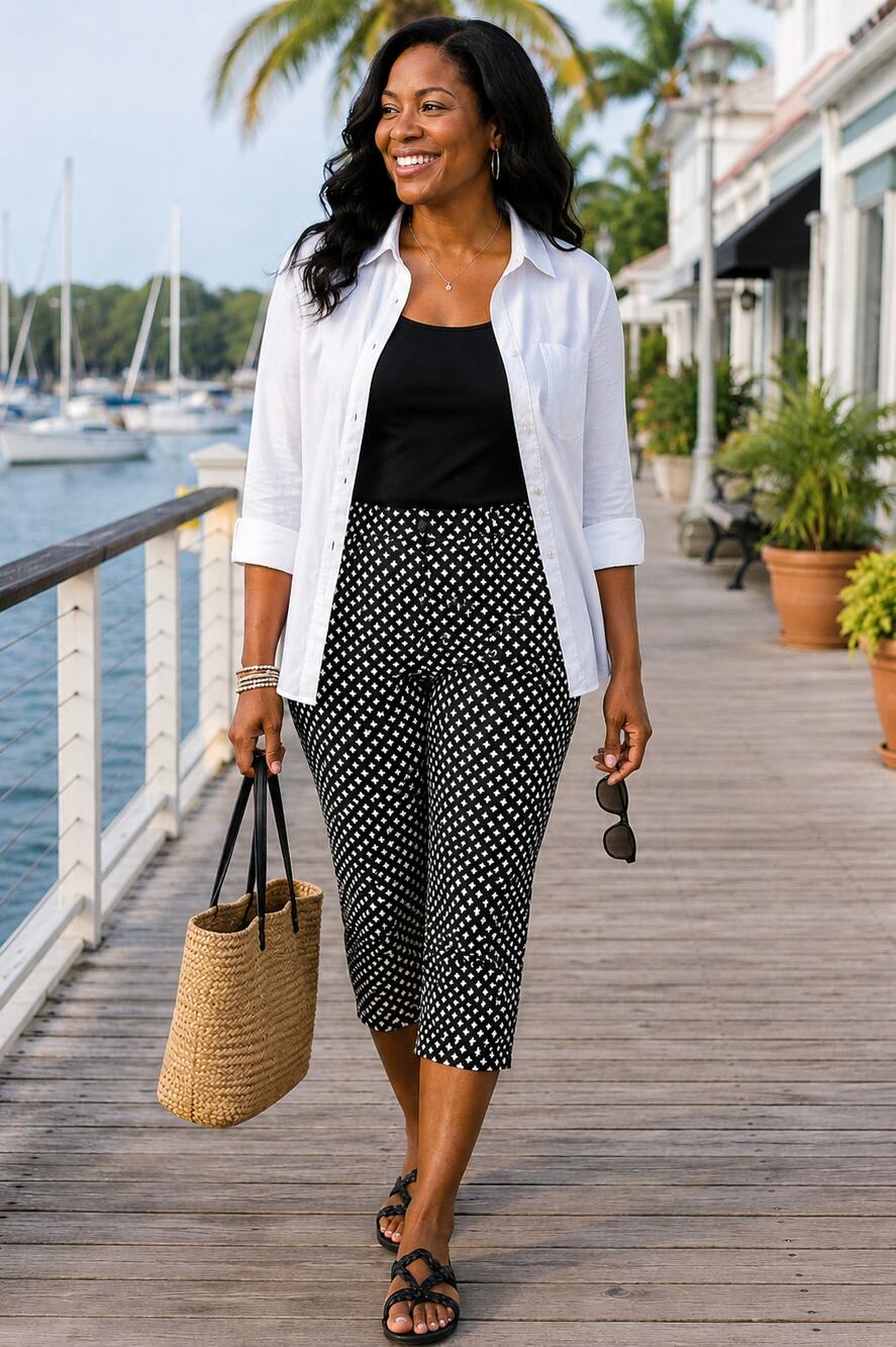 Charter Club Tummy Control Capri Pants Black White Geometric Pull On Size12